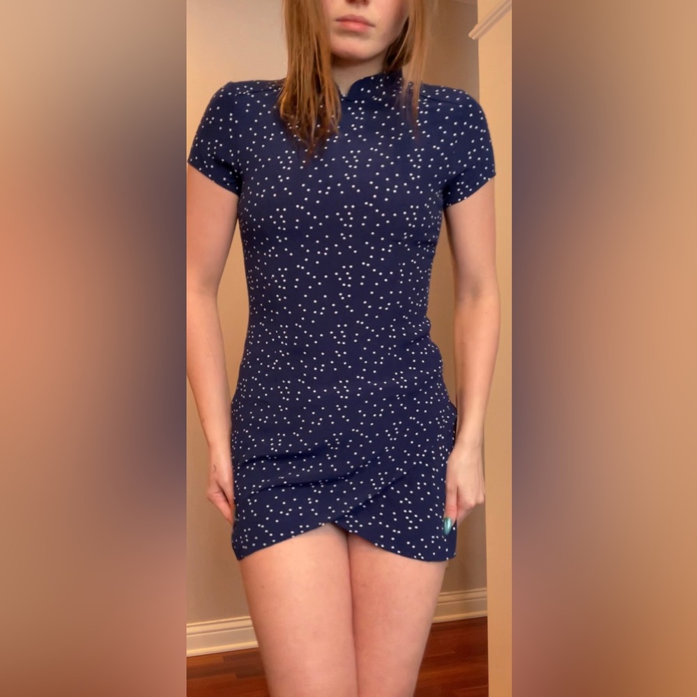 Navy and White Polka Dots Short Sleeve Mandarin Collar Dress